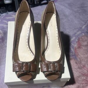 Coach Tan and Brown Peep-Toe Heels